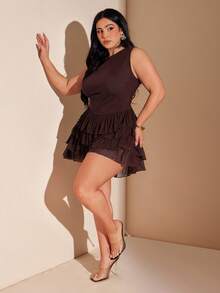 SHEIN BAE 大码女士优雅蛋糕裙摆连体衣 - 紅木色 - 查看 6