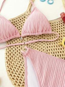 Bộ bikini tam giác hai mảnh hở lưng dáng roi, màu xanh dương trơn, chất liệu dệt kim, họa tiết vỏ sò, dành cho thiếu nữ, thích hợp mặc đi biển mùa hè. - Hồng - Xem 7