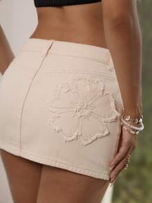 Sunnyshic Embroidered Low-Waist Mini Denim Skirt - Apricot - View 2