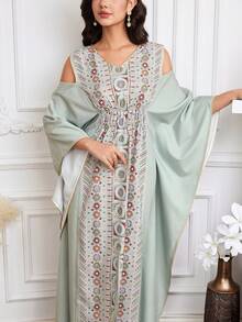 Al Najma Vestido árabe elegante de mujer con estampado geométrico, hombros descubiertos, suelto y con abertura, otoño - Multicolor - Ver 6