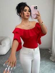 Elenzga Elegantes Damen Rot T-Shirt, modischer Off-Shoulder, Rüschenärmel, Slim Fit Stil für den Sommer Alltag