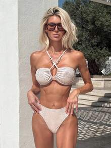 Swim SXY Women's Swimwear Set, Spring/Summer Swimwear, Reflective Light Pink Bandeau Bikini, Sexy Thong Swimwear, Beach Outfit - Baby Pink - View 3