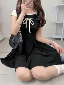 FRIFUL Women's Round Neck Bow Tie Front Raglan Sleeve Dress, Sweet Summer Style - White - View 2