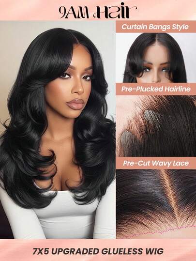 ALL READY WIG Peluca de cabello humano con flequillo de cortina, 7x5 pulgadas, estilo diseñador, sin pegamento, lista para usar, onda natural, 100% cabello humano, con cierre sin pegamento, con capas y flequillo de cortina, color negro natural, densidad del 180%, 16-22 pulgadas, peluca de cabello humano real lista para usar con línea del cabello previamente desbrozada para mujeres