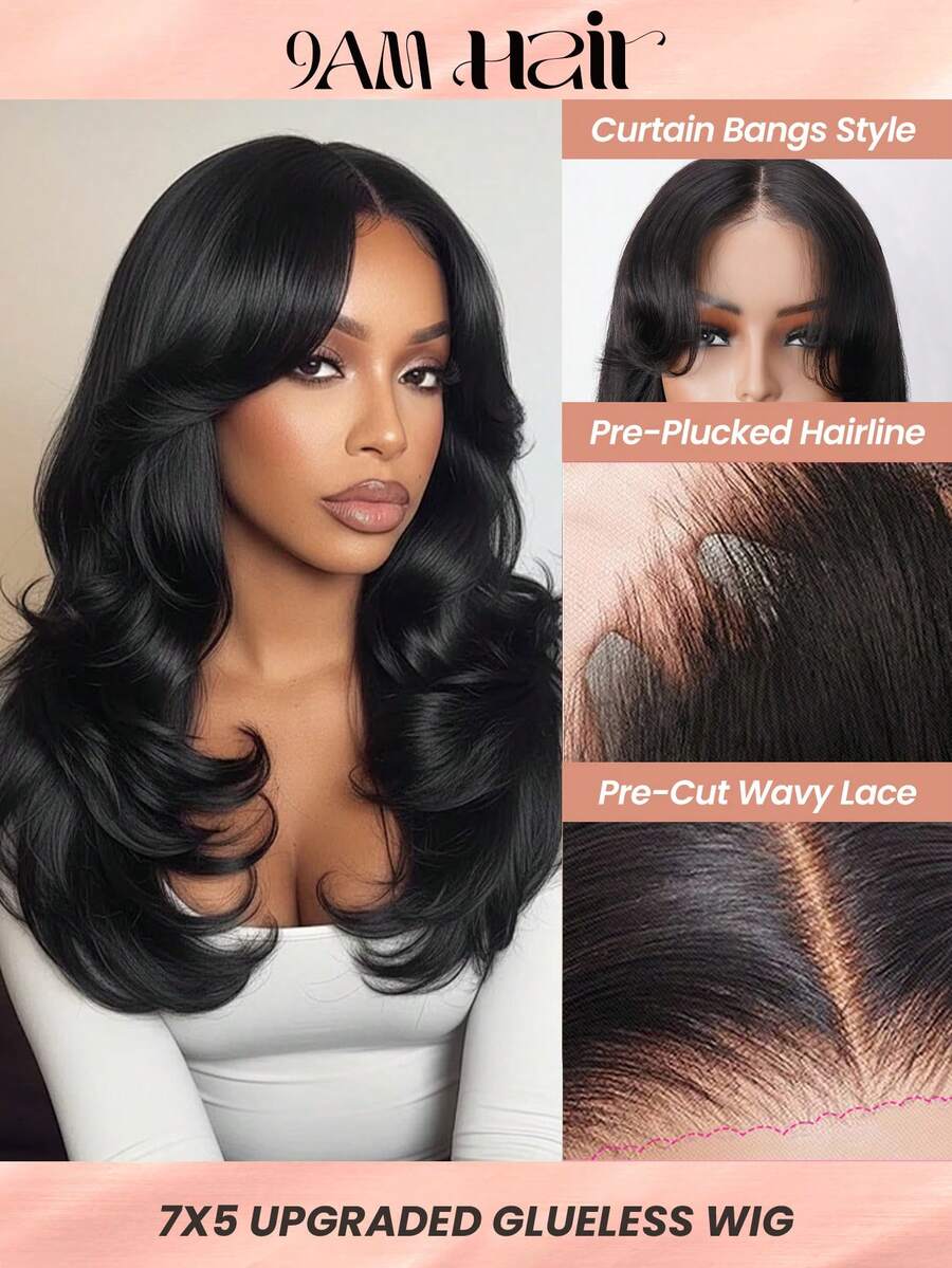 ALL READY WIG Tóc giả 7x5 nhiều lớp, không cần keo, kiểu tóc mái rẽ ngôi, sóng tự nhiên, 100% tóc người thật, đã được cắt sẵn, tỉa sẵn, không cần keo, kiểu tóc nhiều lớp với mái rẽ ngôi, màu đen tự nhiên, mật độ 180%, dài 16-22 inch, tóc giả làm từ tóc người thật dành cho nữ, đường chân tóc đã được tỉa sẵn. - SNatural - Xem 1