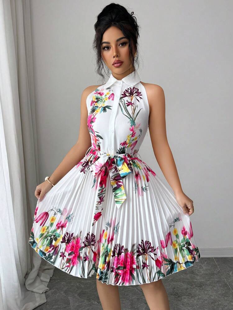 Selianne 女士优雅休闲褶皱印花连衣裙，适合秋冬季派对、新年、圣诞节、情人节、万圣节等休闲场合穿着 - 彩色 - 查看 4