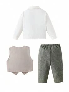SHEIN 男婴优雅绅士套装，3件套，包括长袖Polo衫、卡其色背心和绿色裤子，适合复活节、婚礼、迎婴派对、一周岁生日庆祝等场合。 - 綠色 - 查看 2