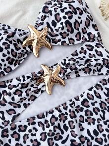 SHEIN Teen Girls Leopard Print 1pc Detachable Strap Hollow Starfish Accent Ruched One-Piece Swimsuit Summer,Beach - Multicolor - View 8