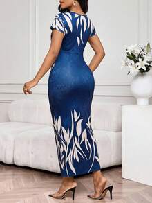 SHEIN Lady Women's Geometric Print V-Neck Short Sleeve Split Hem Fitted Elegant Dress - Multicolor - View 2