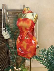 Rovax Camizolă sexy cu tiv asimetric și imprimeu floral + fustă mini cu imprimeu floral, set sexy pentru femei pentru vacanță la plajă, set două piese fără bretele, set roz două piese, set două piese cu imprimeu floral, set două piese cu fustă creion, set două piese cu imprimeu floral. - Multicolor - Vizualizare 4