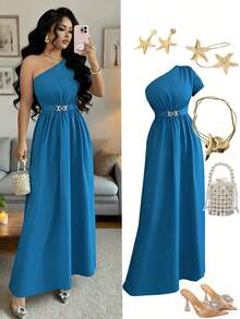 Rafferiza 优雅不对称肩部孔雀蓝连衣裙，金属扣设计，女士休闲连衣裙 - 水鴨藍 - 查看 1