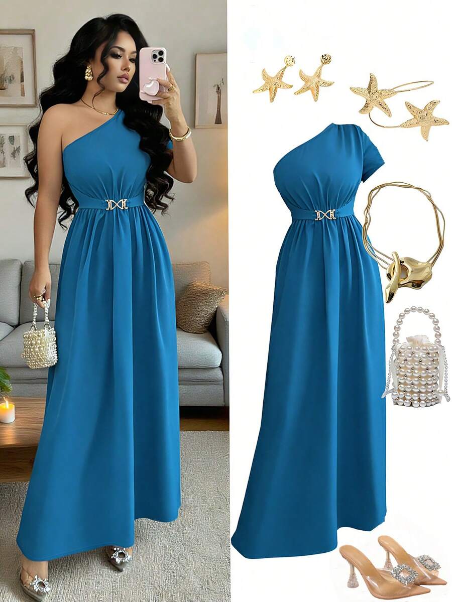 Rafferiza 优雅不对称肩部孔雀蓝连衣裙，金属扣设计，女士休闲连衣裙 - 水鴨藍 - 查看 1