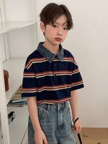 DAZY 男童条纹 Polo 领短袖休闲 T 恤 - 寶藍色 - 查看 6