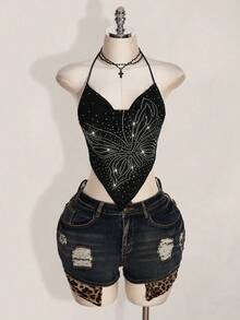 SHEIN ICON 夏季女士黑色哥特风露背性感蝴蝶水钻露背吊带上衣，适合外出、参加科切拉音乐节、夜店等场合，夏季 - 黑色 - 查看 9