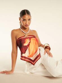 Silquee Áo tank top quây khăn in họa tiết dành cho nữ, thích hợp cho mùa xuân/hè. - Đỏ - Xem 7