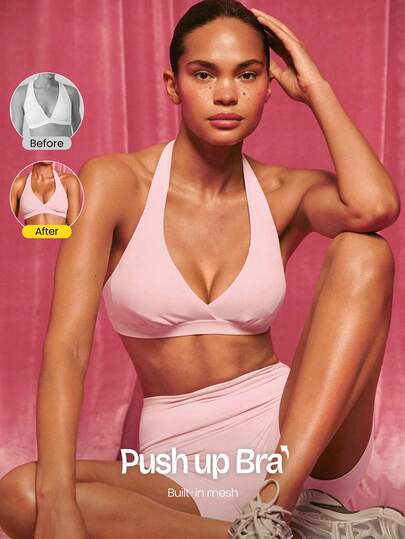 GLOWMODE FeatherFit™-Sculpt Confident Moves Buttery-Soft Stretchy Compressive Built-In Mesh Removable Cups Open-Back Design Push-Up Halterneck Sports Bra Light Impact Training Running Workout Gym Wear