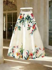Franclia 女士花卉印花优雅时尚喇叭裙 - 米色 - 查看 2