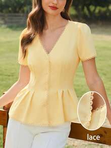 Blusa de Manga Corta para Mujer, Estampado Floral Vintage, con Ribete de Encaje, Elegante, Casual, para Vacaciones de Verano, Atuendo de Moda - Albaricoque - Ver 2