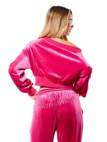 BABYPHAT 亮粉色露肩丝绒卫衣，饰有水钻文字，质地奢华柔软，适合秋冬女士休闲穿着 - 粉色 - 查看 2