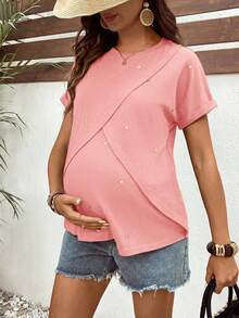 SHEIN Maternity Heart Embroidery Round Neck Short Sleeve Nursing T-Shirt - Pink - View 6
