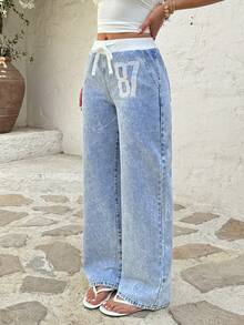 Rivivi Casual Elastic Waist Drawstring Straight Leg Jeans - Light Wash - View 6