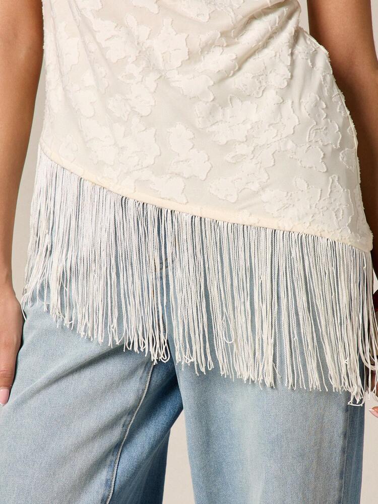 Lace Cowl Neck Tank With Fringe Detail