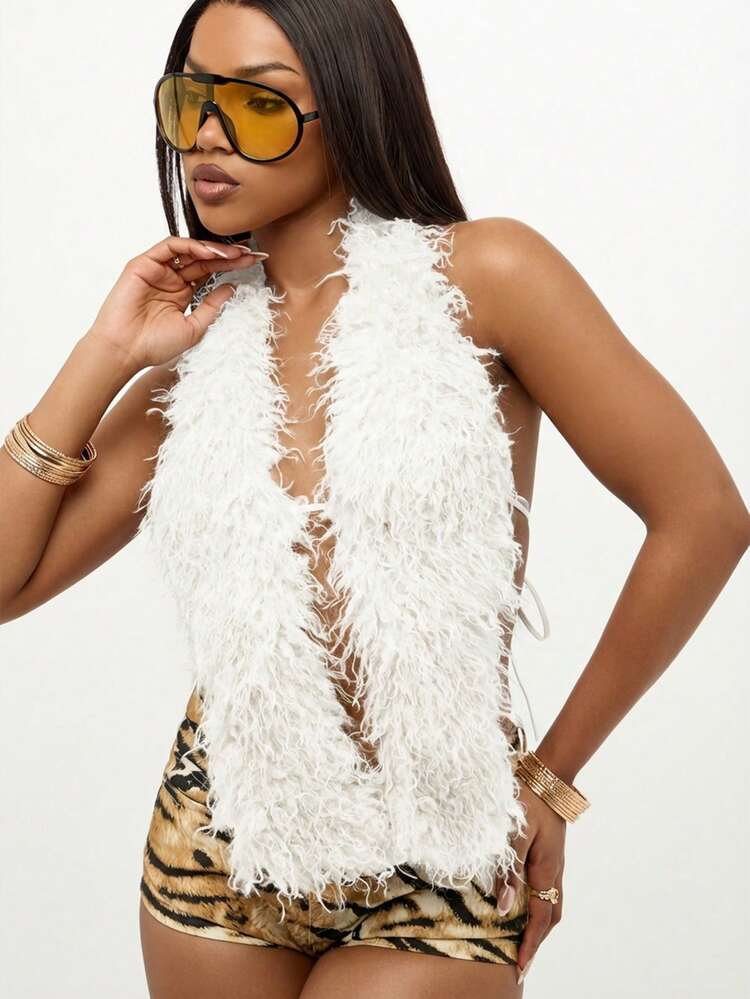 SUMWON WOMEN Top z imitacji futra z głębokim dekoltem i wiązaniem na plecach idealny na festiwale, imprezy i kluby