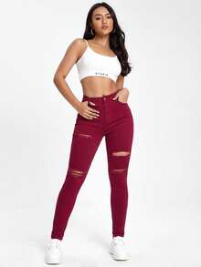 SHEIN ICON Jeans pitillo negros con bolsillos sesgados y rotos - Burdeos - Ver 6