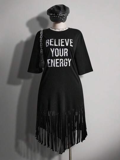 SHEIN ICON 大码女式圆领字母印花流苏设计休闲通勤短袖连衣裙