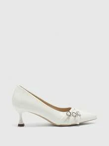 CUCCOO BIZCHIC 女鞋 女士尖头小猫跟鞋，白色多条纹交叉低鞋面，日常通勤百搭工作休闲一脚蹬女式高跟鞋 - 白色 - 查看 4