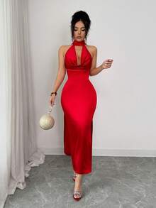 Elenzga 女士露背系带性感缎面立领连衣裙 - 紅色 - 查看 3