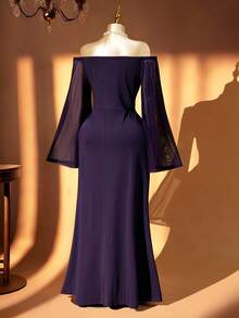 Rometta Plus Size Women's New Greek Goddess Elegant Party Rhinestone Decor Off Shoulder Flare Sleeve Evening Gown, Dreamy Purple Waist-Cinching Bodycon Floor-Length Formal Dress - Purple - View 2
