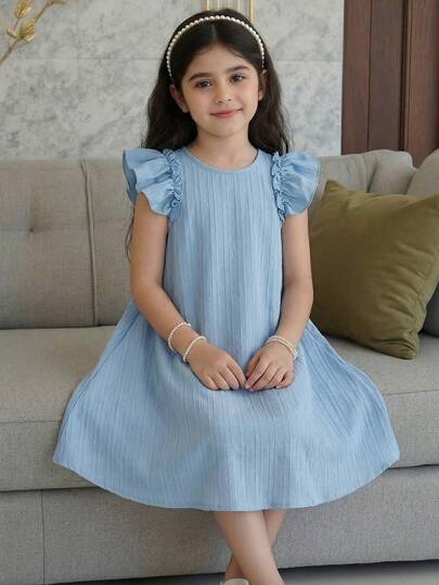 SHEIN Young Girl Woven Solid Color Round Neck Ruffle Hem Casual Dress Light Blue Kids Dress Kids Dresses Young Girl  Dress Sleeveless Dress Ruffle Sleeve Dress Girls Summer Casual Blue Short Dress With Ruffle Cap Sleeves And Soft Textured Fabric Summer Outfits White Dresses Suitable For Graduation Dance, Birthday Party, Valentine's Day, Flower Girl Dress Girls Summer Vacation Dress Beachy Girls Dress