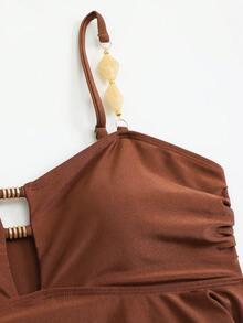 Swim Lushoire New Brown Hollow-Out Swimwear, Ruffle Strap Flounce Tummy Control Two Pieces Tankini Set - Brown - View 5