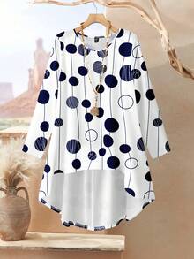 Rusticease 2pcs Casual Asymmetrical Dot Print Loose Fit Round Neck Long Sleeve Top And Wide Leg Pants Set, Navy Blue, Suitable For Vacation, Spring/Summer - Multicolor - View 3