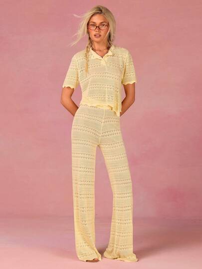 Athîral Women's Solid Color Hollow-Out Knit Short Sleeve Top And Knitted Long Pants Casual Daily Suit