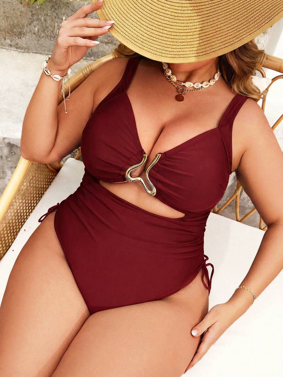 Swim Lushoire 大码女士纯色露背性感比基尼泳衣 - 酒紅色 - 查看 1