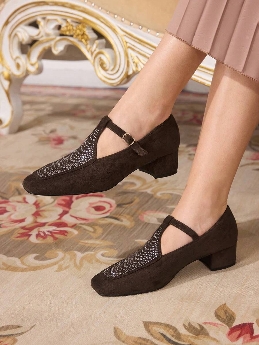 CUCCOO TILAWA Women's Fashion Rhinestone Decor, Suede Square Toe Loafer Shoes - Coffee Brown - View 1