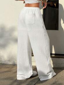 Muchica Women's White Crepe Knit Drawstring Casual Pants With Slanted Pockets Summer Holidays Spring Women Summer Vacations - White - View 2