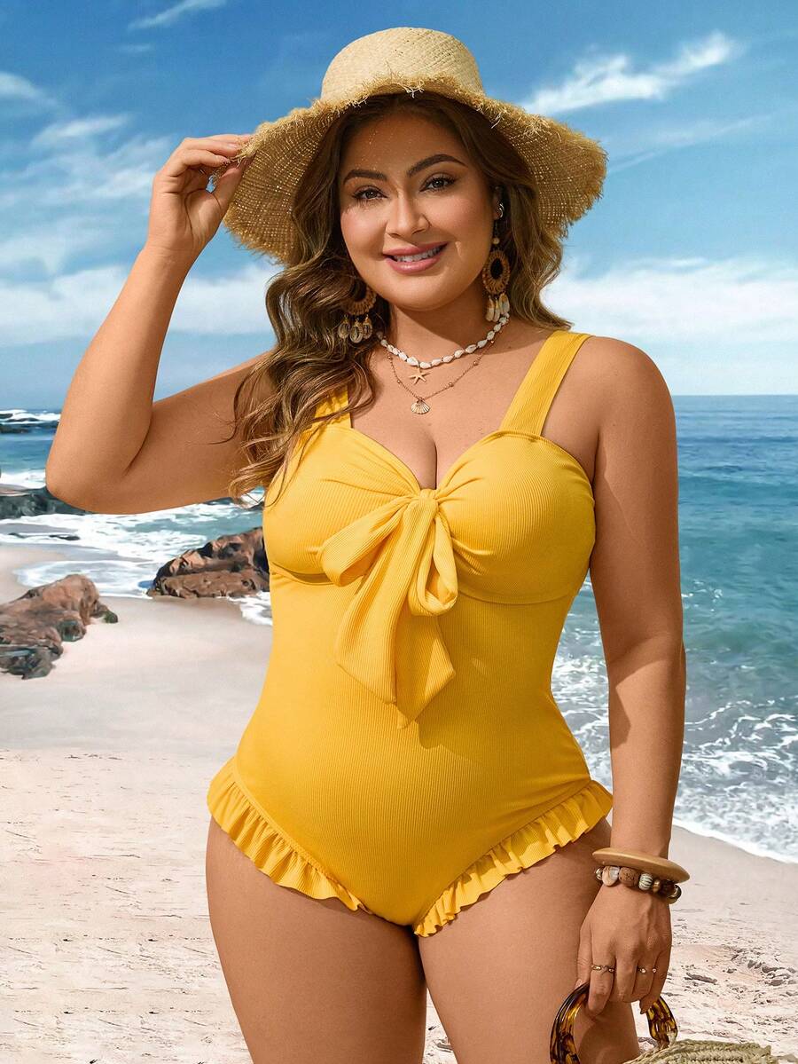 SHEIN Swim Lushore Bộ đồ bơi liền thân màu vàng thanh lịch, ngọt ngào dành cho nữ, cỡ lớn, thích hợp cho khu nghỉ dưỡng bãi biển mùa hè, chất liệu vải mềm mại, thoải mái, đồ bơi liền thân cỡ lớn.