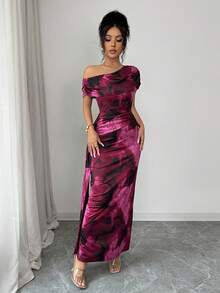 Elenzga Robe longue ajustée à ourlet asymétrique imprimée, multicolore, mode d'été - Multicolore - Voir 4