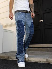 Manfinity LEGND 男士拼接提花蹄印修身弹力喇叭牛仔裤 - 淺色水洗藍 - 查看 3