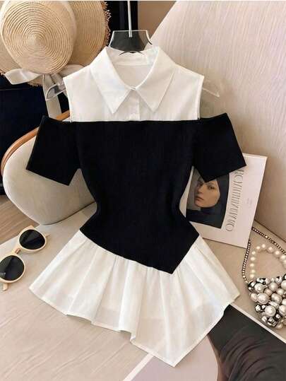 GlowEve Blusa de contraste de color clásico negro y blanco con mangas abultadas y hombros descubiertos, estilo minimalista francés irregular de dos piezas, adecuada para verano, atuendo de Año Nuevo, fiesta, playa, elegante, casual, romántico, Día de San Valentín, cita, temporada de graduación y otras ocasiones, ropa casual de oficina, uso versátil y de moda casual, atuendo profesional de maestra urbana. Combina con ropa de verano.