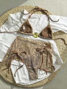 Swim SXY Bộ bikini 3 mảnh mùa hè 2026 dành cho nữ, kiểu dáng thường ngày, cổ tam giác, dây mảnh, phụ kiện vàng trang trí, hở lưng, họa tiết lá cây, chất liệu vải đặc biệt, cạp cao. - màu nâu - Xem 2