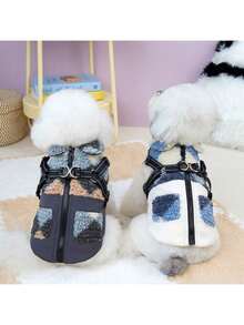 新款秋冬宠物服装，布艺牵引绳外套，宠物皮夹克，加厚保暖，猫咪服装，狗狗外套，猫咪加厚外套，宠物服饰，猫咪保暖套装，英伦风牵引绳加厚外套，新款皮夹克，保暖宠物加厚背心，秋冬必备 - 灰色 - 查看 4