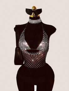 EgrlEra Top corto sexy con escote halter y adornos de strass calados para mujer - Negro - Ver 5