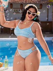 Swim Mod Plus Size Women 2 Pieces Swimwear Set, Blue Floral Lace Trim Bikini - Blue - View 4