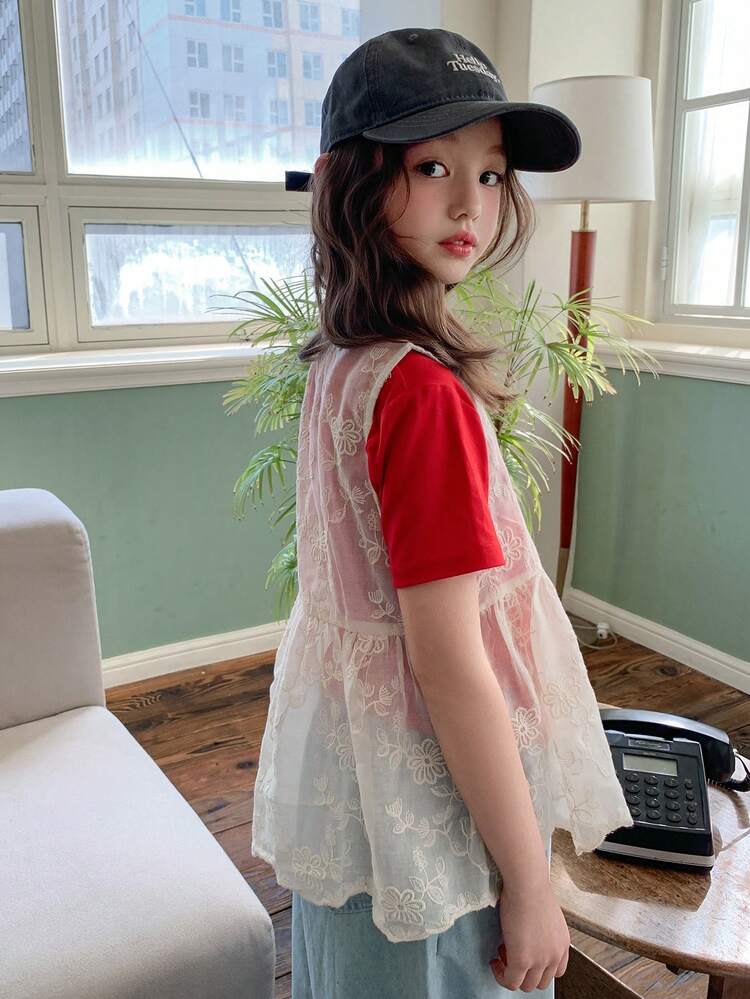 Tween Girls' Summer Casual Solid Color Floral Embroidery Sleeveless Blouse