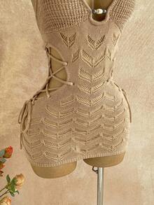 Soleia Đầm len dệt kim không tay cổ yếm màu trơn dành cho nữ, kiểu dáng thường ngày, khoét lỗ. - Màu be - Xem 6