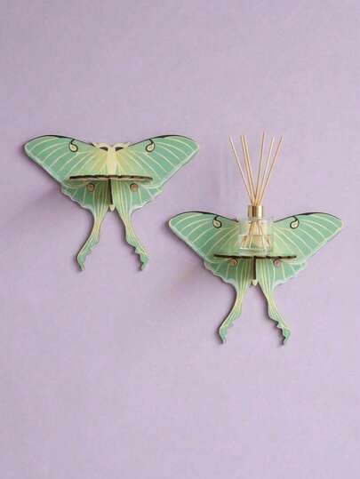 Joivida Bohemian Green Wooden Butterfly Crystal Candlestick, Wall-Mounted Decorative Storage Shelf, Art Craft Ornament For Living Room Entryway Homestay
